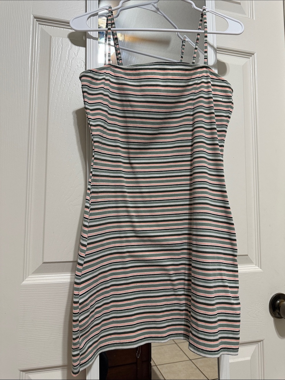 H&M Striped Spaghetti-Strap Mini Dress in Pink and Sage Green